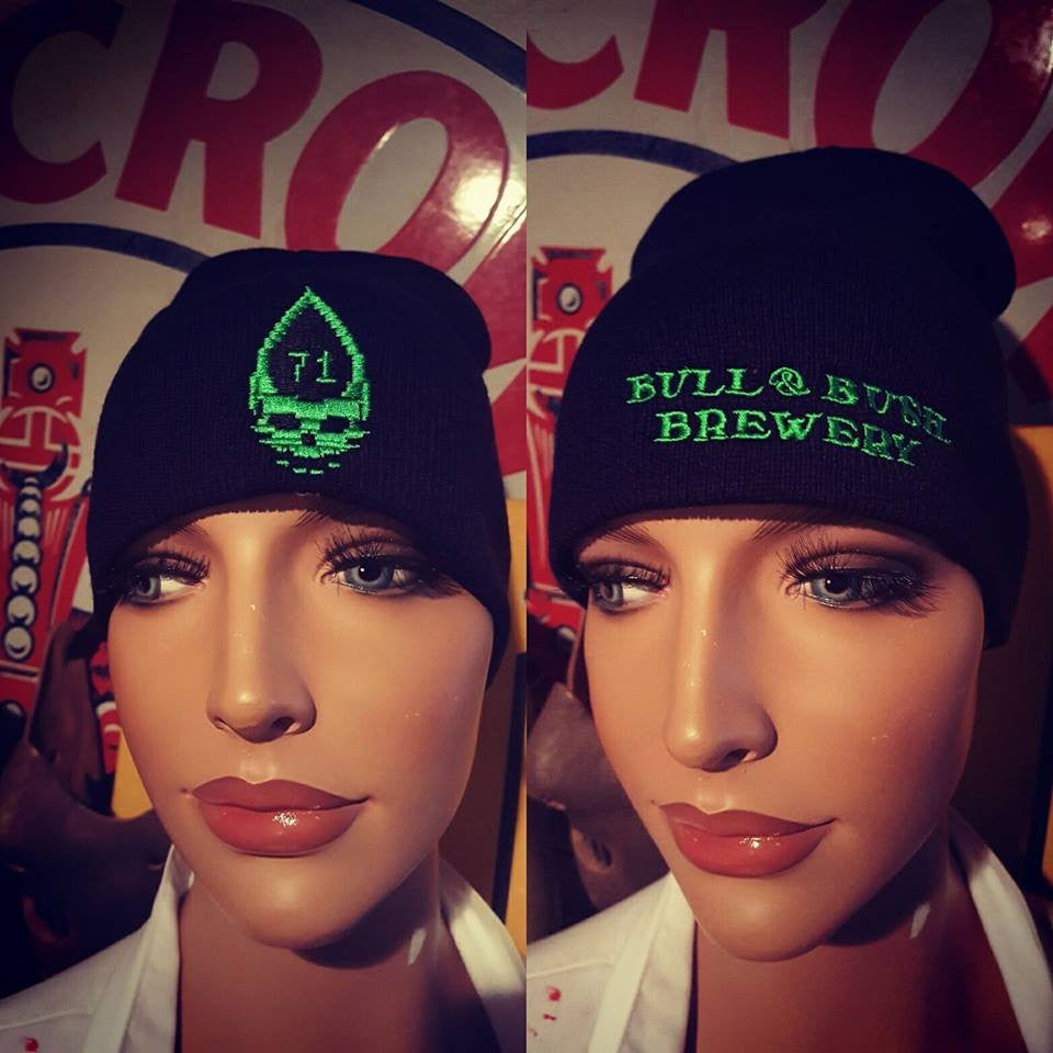 Product Image - Beanie - Black beanie embroidered with branding for Bull & Bush Brewery The Legend Of The Liquid Brain branding.