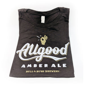 Product Image - Bull & Bush Brewery Short Sleeve T-Shirt with "Allgood Amber Ale" branding screen-printed on front.