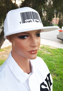 Product Image - Hat - White Flexfit with embroidered "Craft Beer" barcode design.