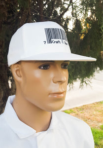Product Image - Hat - White Flexfit with embroidered "Craft Beer" barcode design.