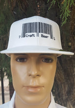 Load image into Gallery viewer, Product Image - Hat - White Flexfit with embroidered &quot;Craft Beer&quot; barcode design.
