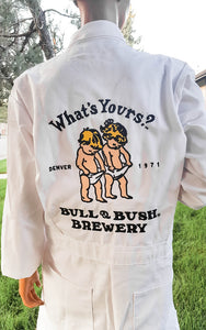 Product Image - Jumpsuit - White "Bull" or "Bush" jumpsuit with Bull & Bush Brewery "Babies" branding embroidered on back.