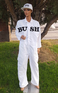 Product Image - Jumpsuit - White "Bull" or "Bush" jumpsuit with Bull & Bush Brewery "Babies" branding embroidered on back.